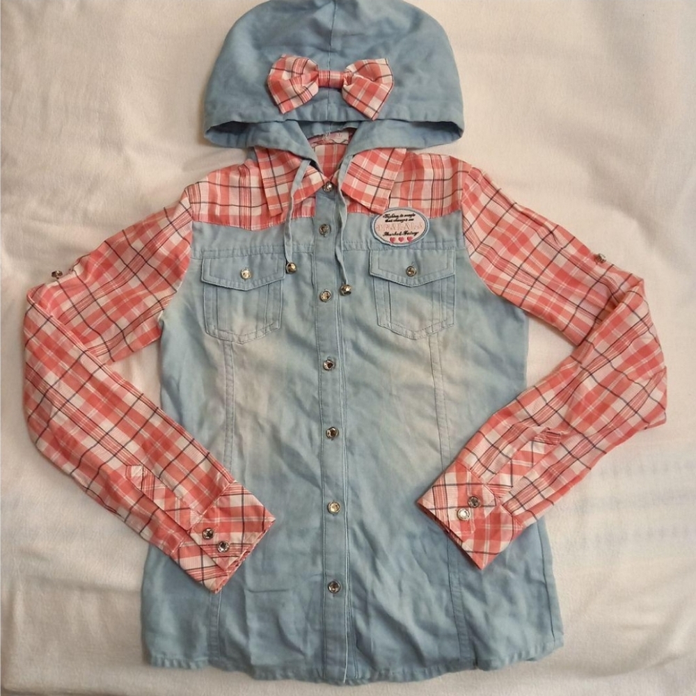 tralala hooded denim and red plaid button up